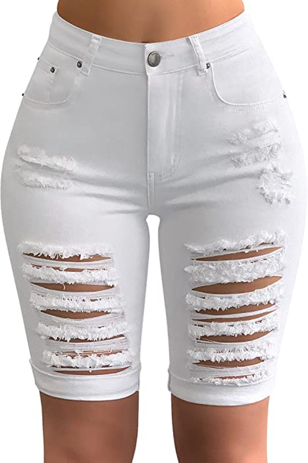 Mid Rise Hollow-out Ripped Bermuda Shorts