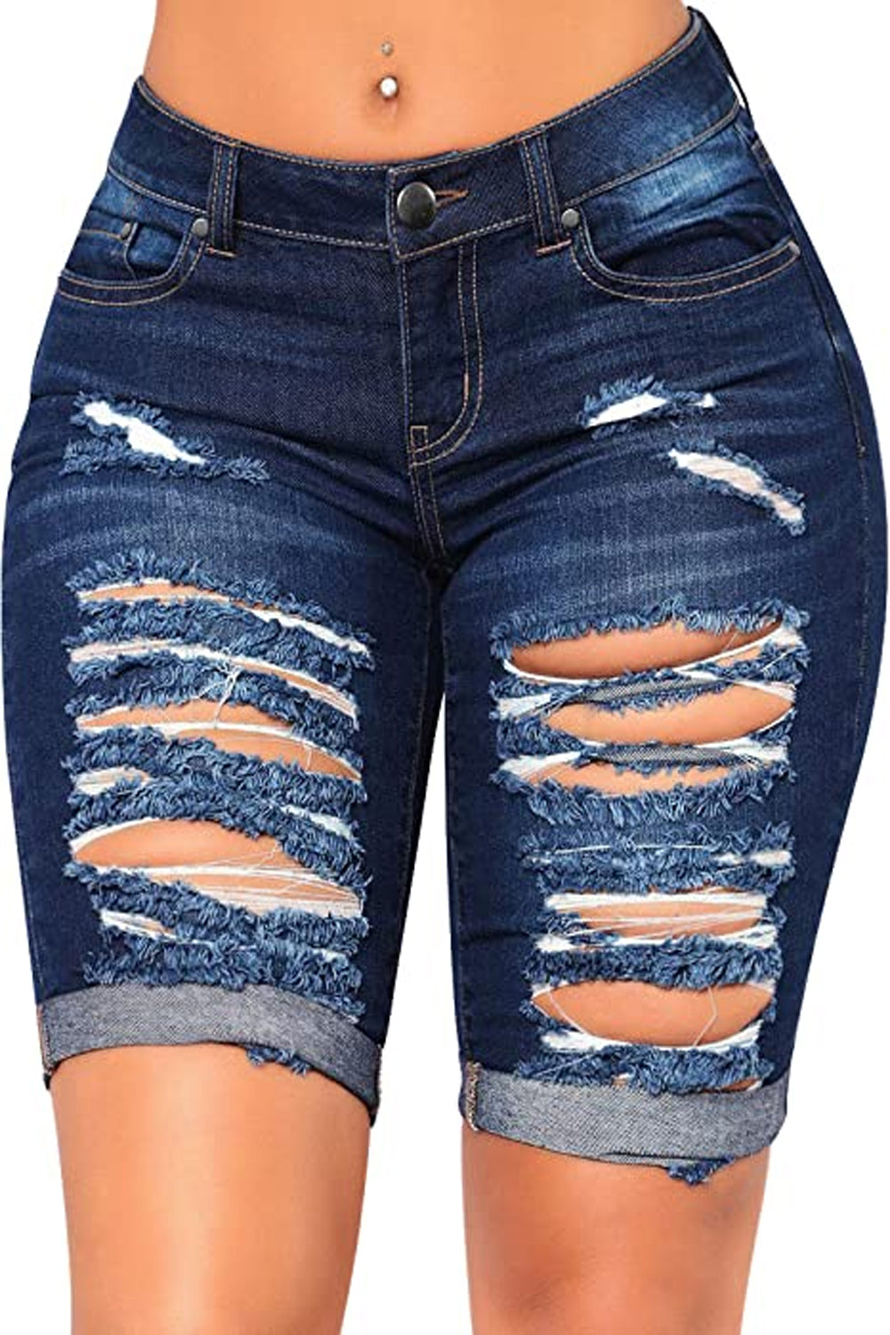 Mid Rise Hollow-out Ripped Bermuda Shorts