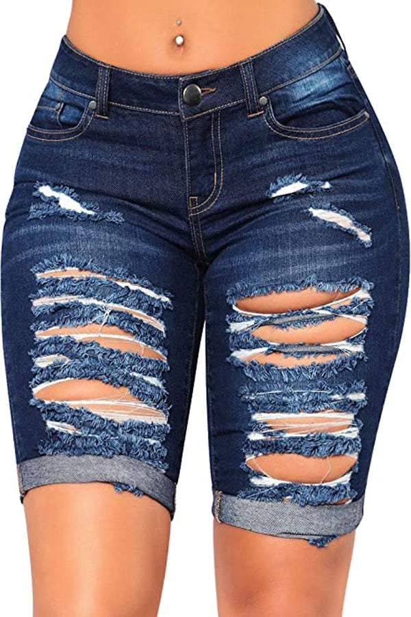 Mid Rise Hollow-out Ripped Bermuda Shorts
