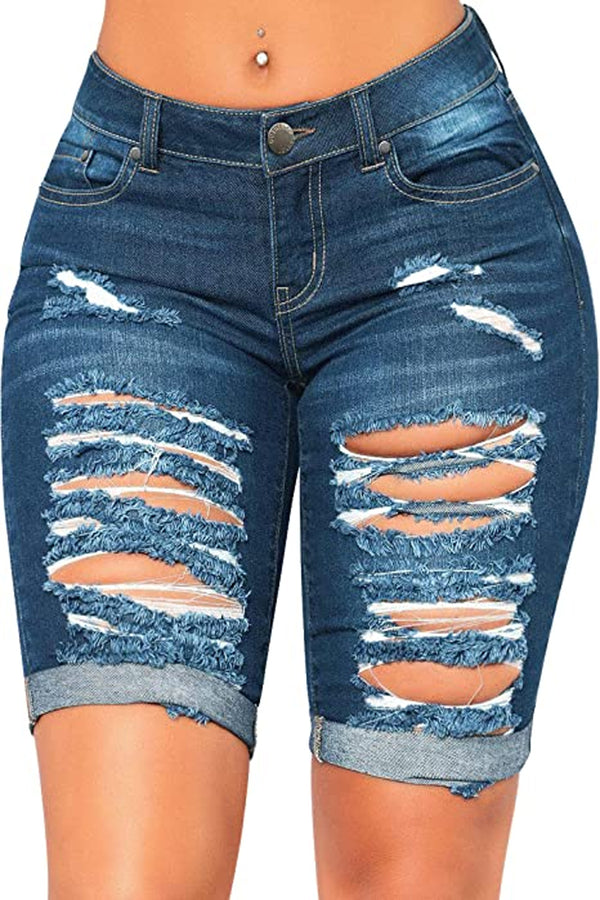 Mid Rise Hollow-out Ripped Bermuda Shorts