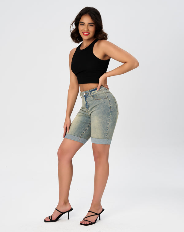 High Rise Vintage Rolled-up Bermuda Shorts