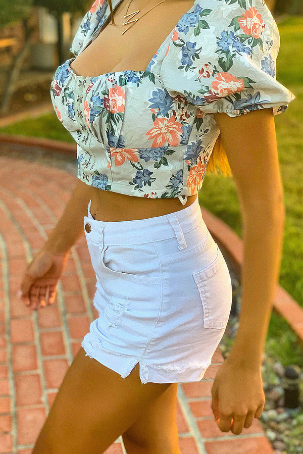 Mid Rise Ripped Stretchy Denim Shorts