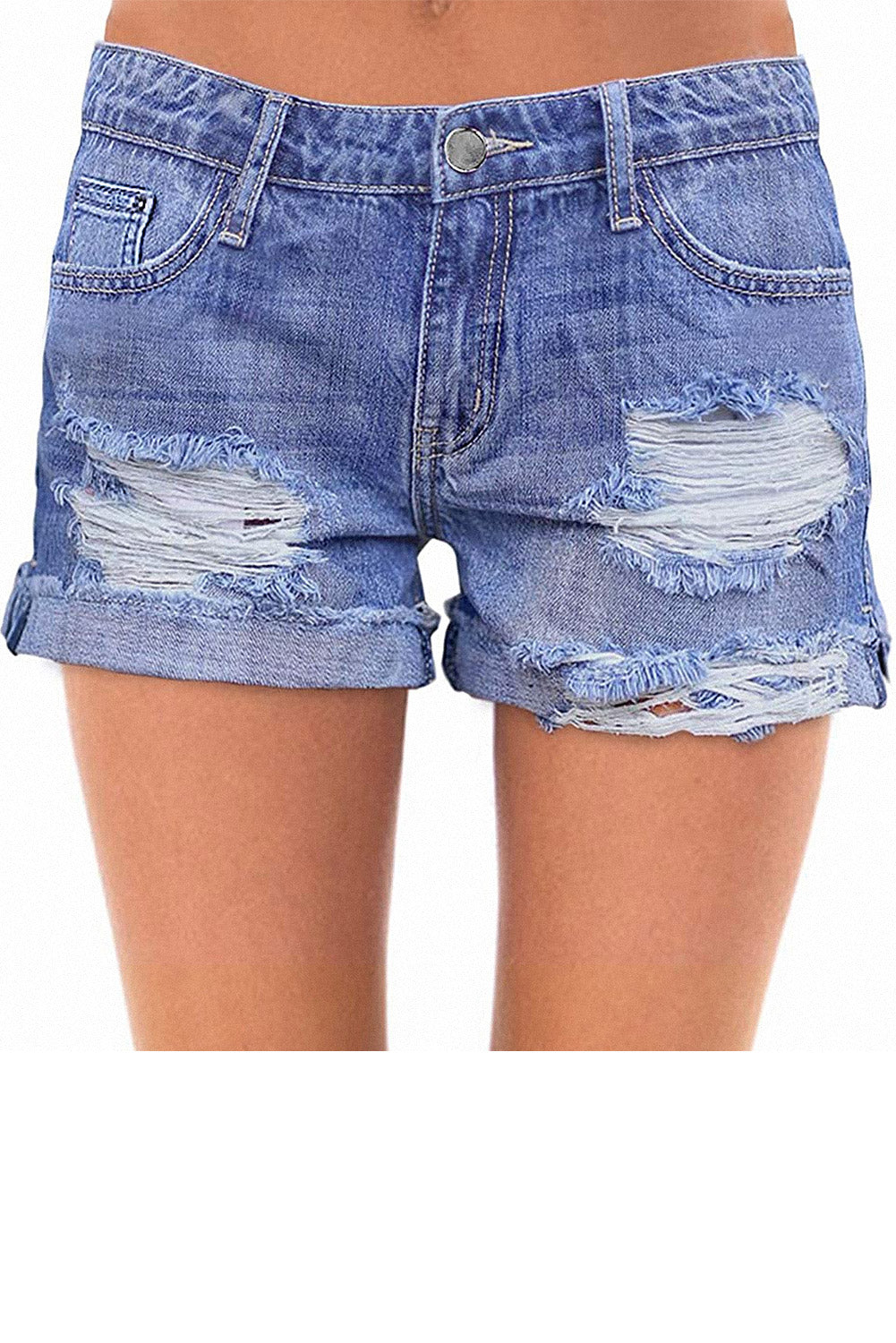 Mid Rise Ripped Stretchy Denim Shorts