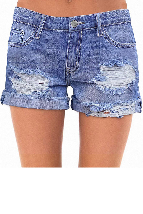 Mid Rise Ripped Stretchy Denim Shorts