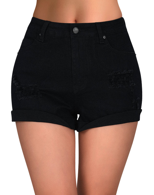 Women's Ripped Mid Rise Jean Shorts Stretchy Distressed Folded Hem Denim Shorts