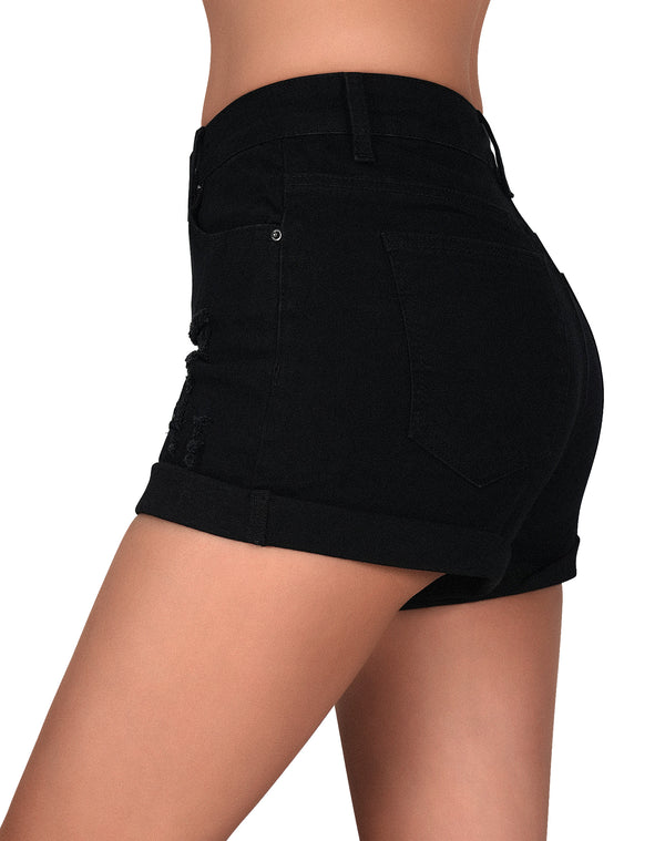 Women's Ripped Mid Rise Jean Shorts Stretchy Distressed Folded Hem Denim Shorts