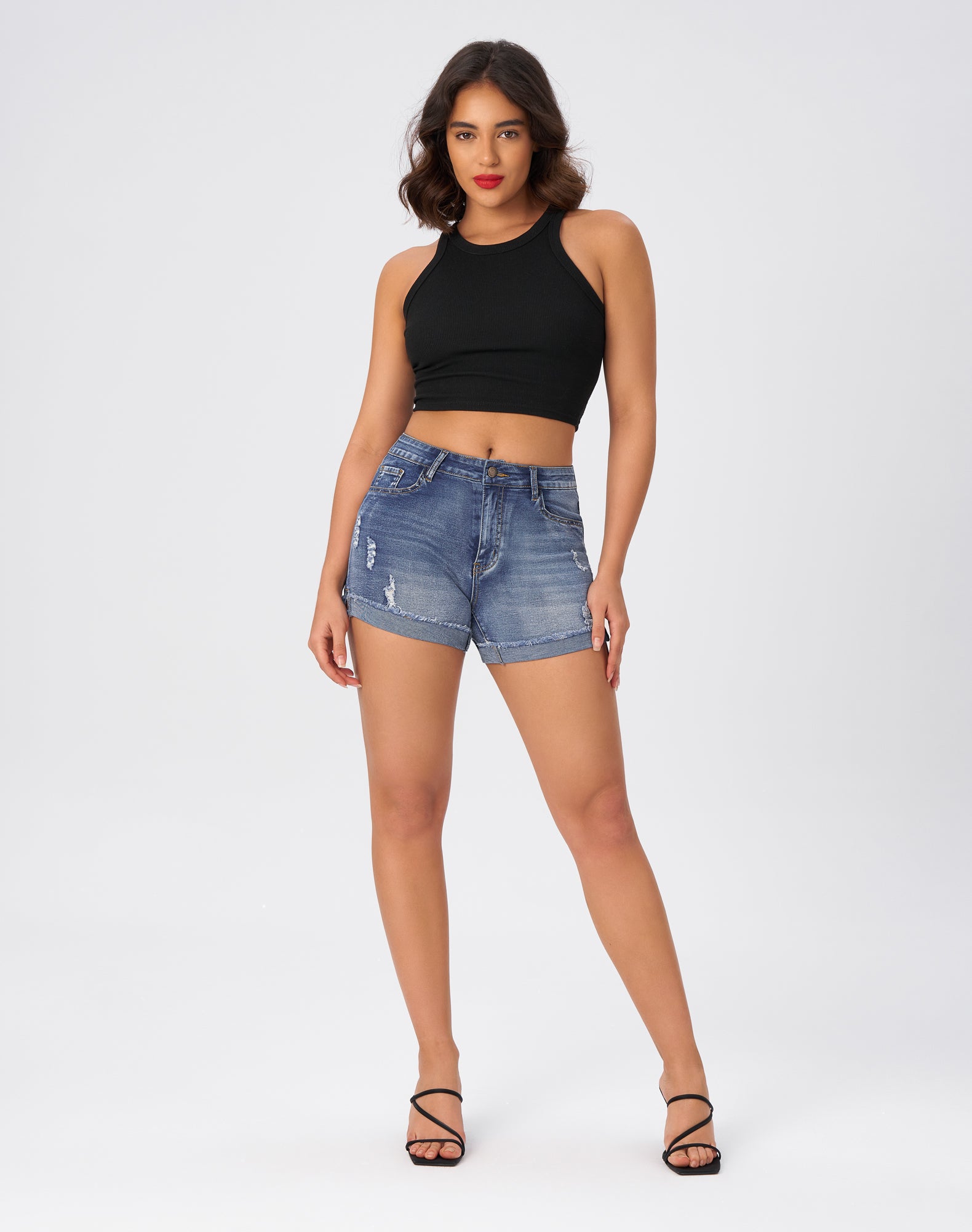 Women’s Mid Rise Stretchy Ripped Cuffed Denim Jean Shorts