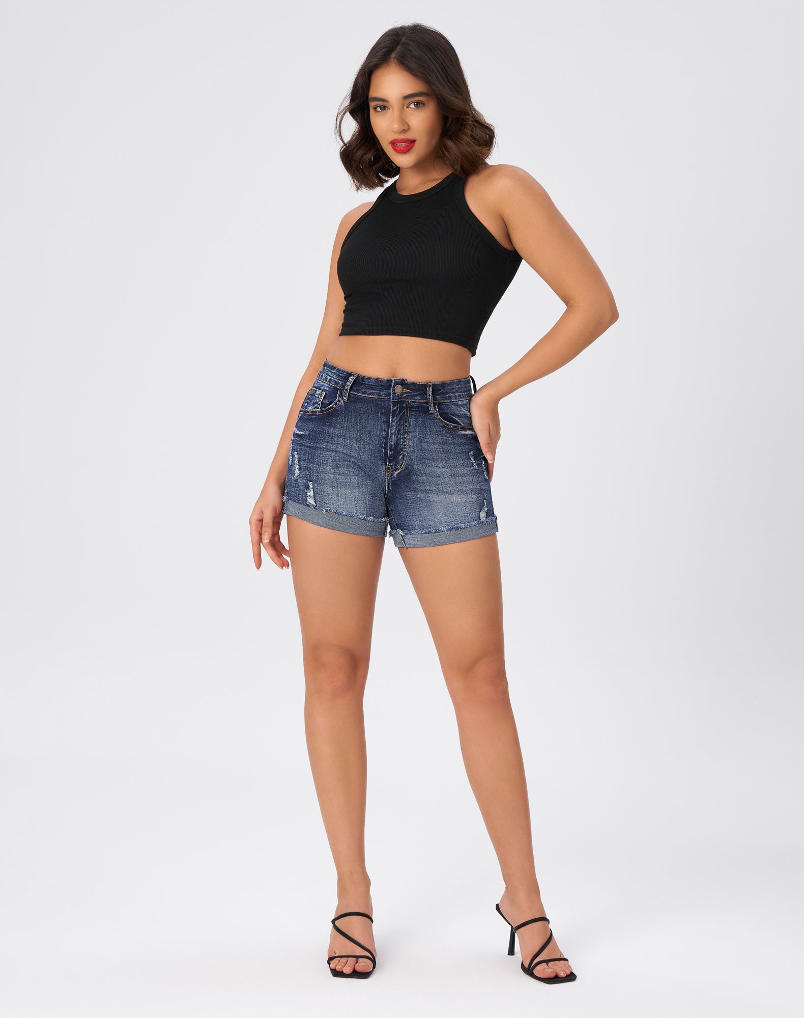 Women’s Mid Rise Stretchy Ripped Cuffed Denim Jean Shorts