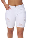 Women’s High Waisted Stretchy Denim Distressed Knee Length Bermuda Shorts