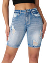 Women’s High Waisted Stretchy Denim Distressed Knee Length Bermuda Shorts