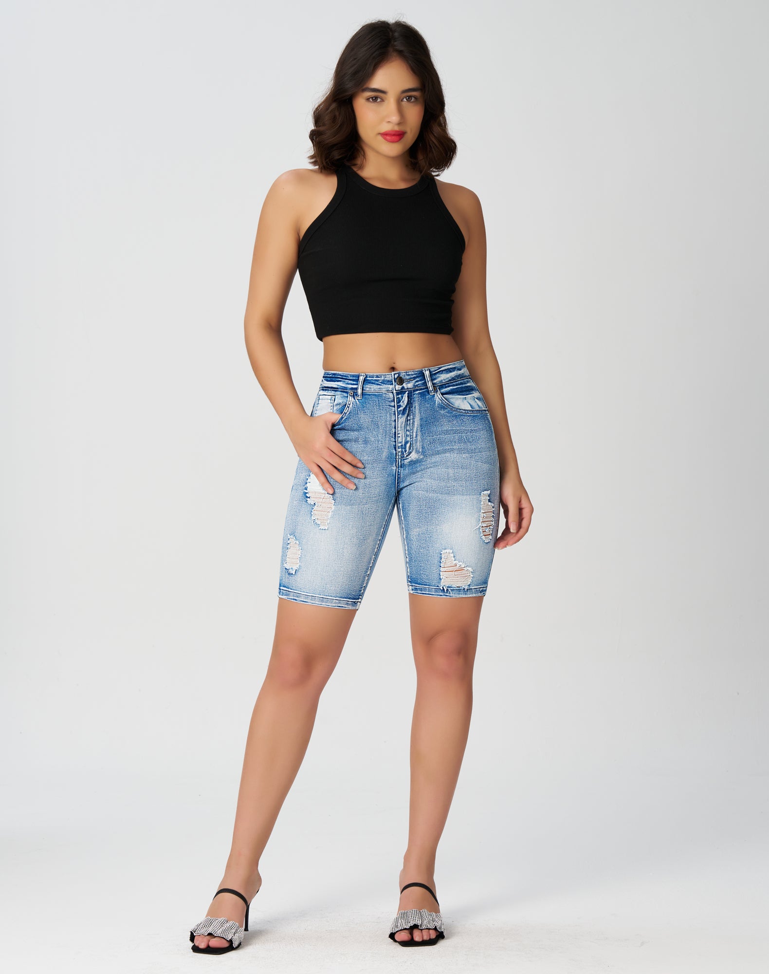Women’s High Waisted Stretchy Denim Distressed Knee Length Bermuda Shorts