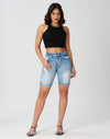 Women’s High Waisted Stretchy Denim Distressed Knee Length Bermuda Shorts