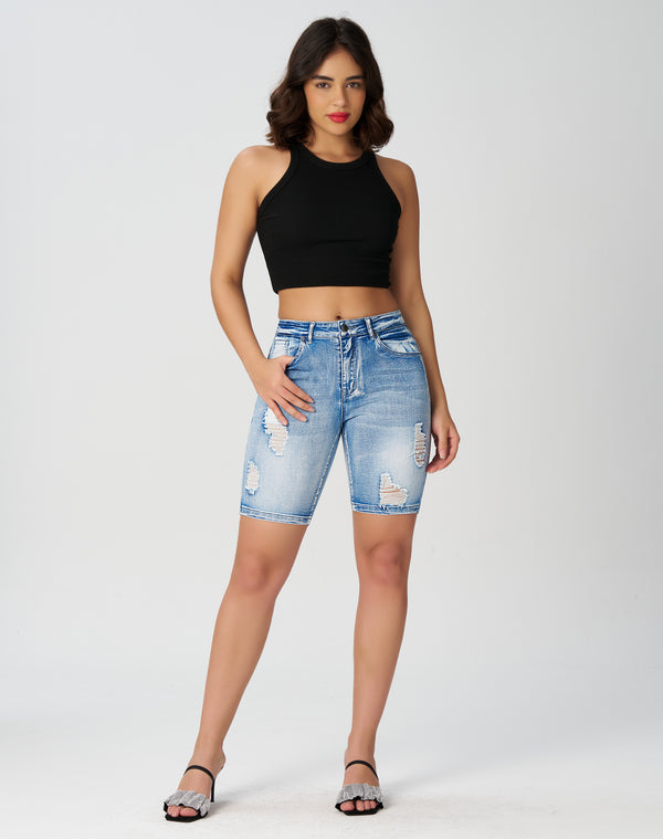 Women’s High Waisted Stretchy Denim Distressed Knee Length Bermuda Shorts