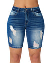 Women’s High Waisted Stretchy Denim Distressed Knee Length Bermuda Shorts