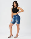 Women’s High Waisted Stretchy Denim Distressed Knee Length Bermuda Shorts