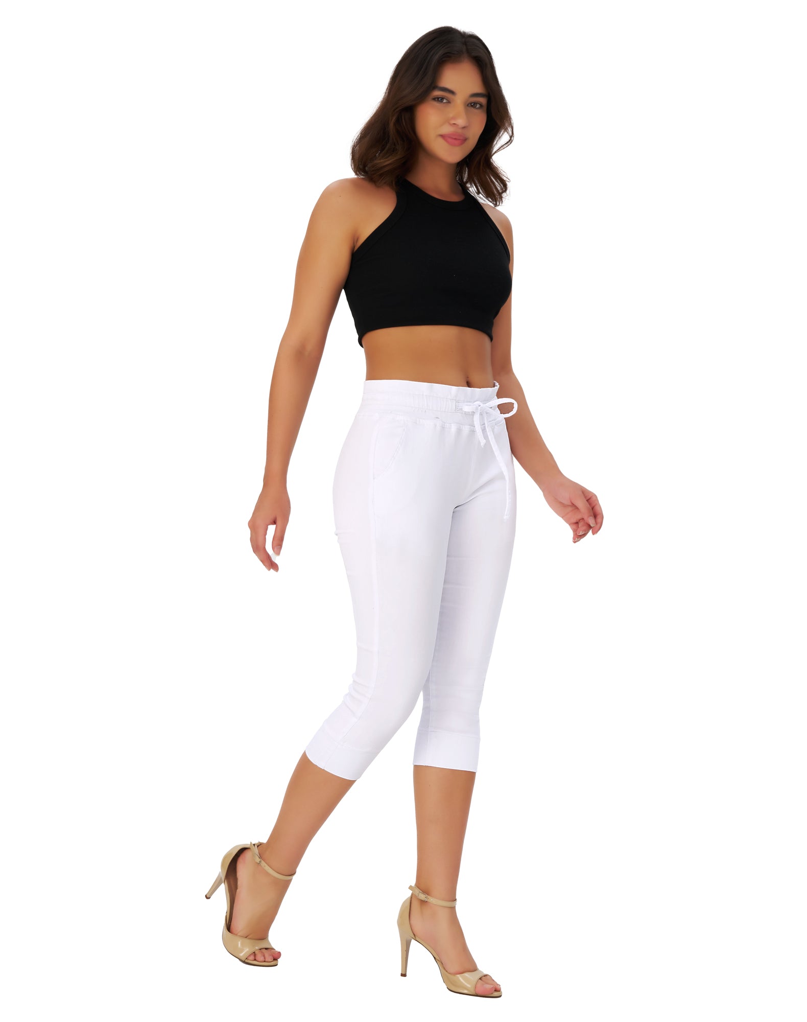 Women’s High Waisted Stretchy Capri Pants Pull on Elastic Waist Drawstring Jeans