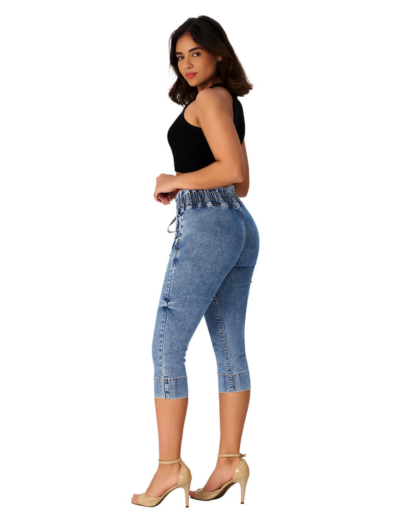Women’s High Waisted Stretchy Capri Pants Pull on Elastic Waist Drawstring Jeans