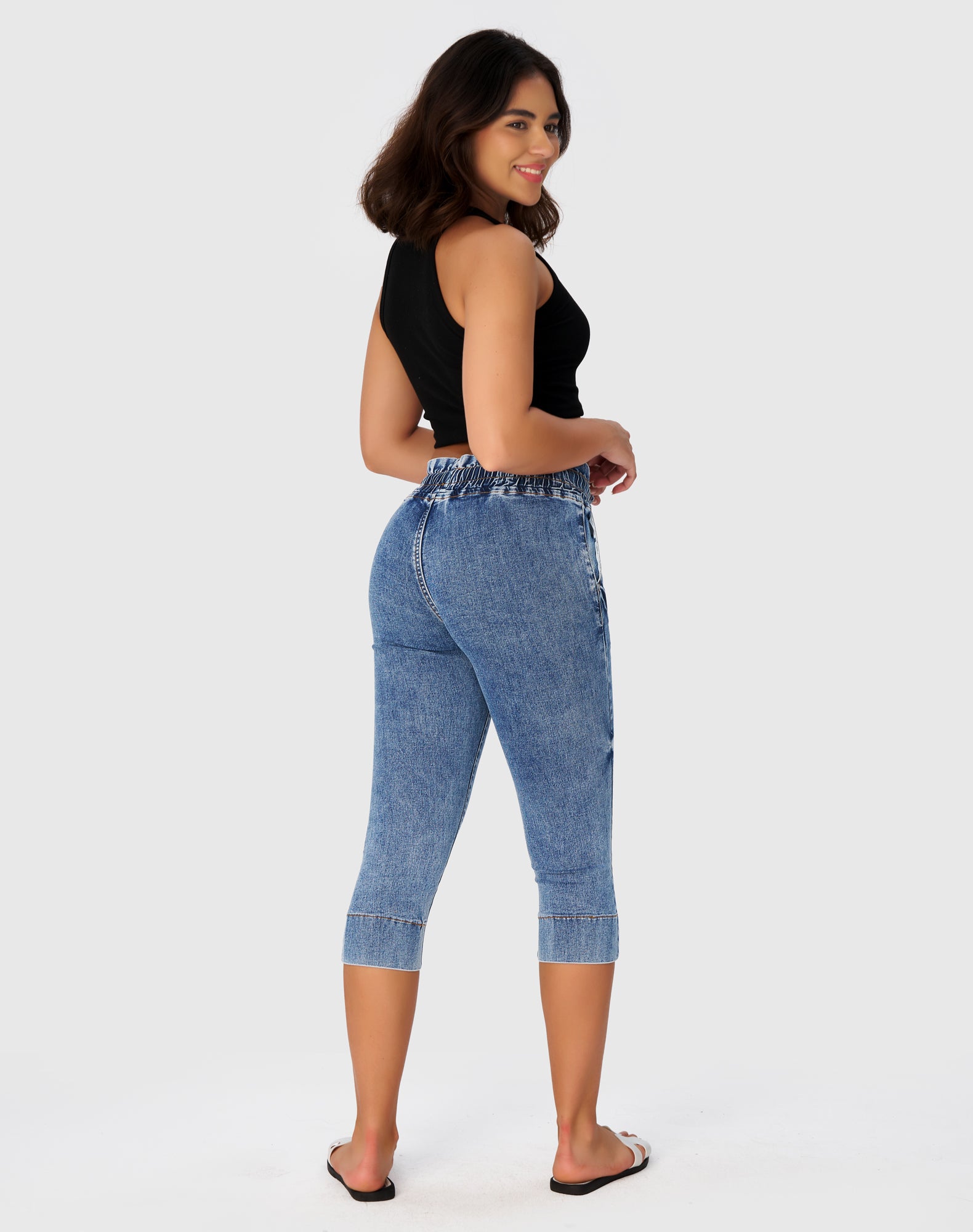 Women’s High Waisted Stretchy Capri Pants Pull on Elastic Waist Drawstring Jeans