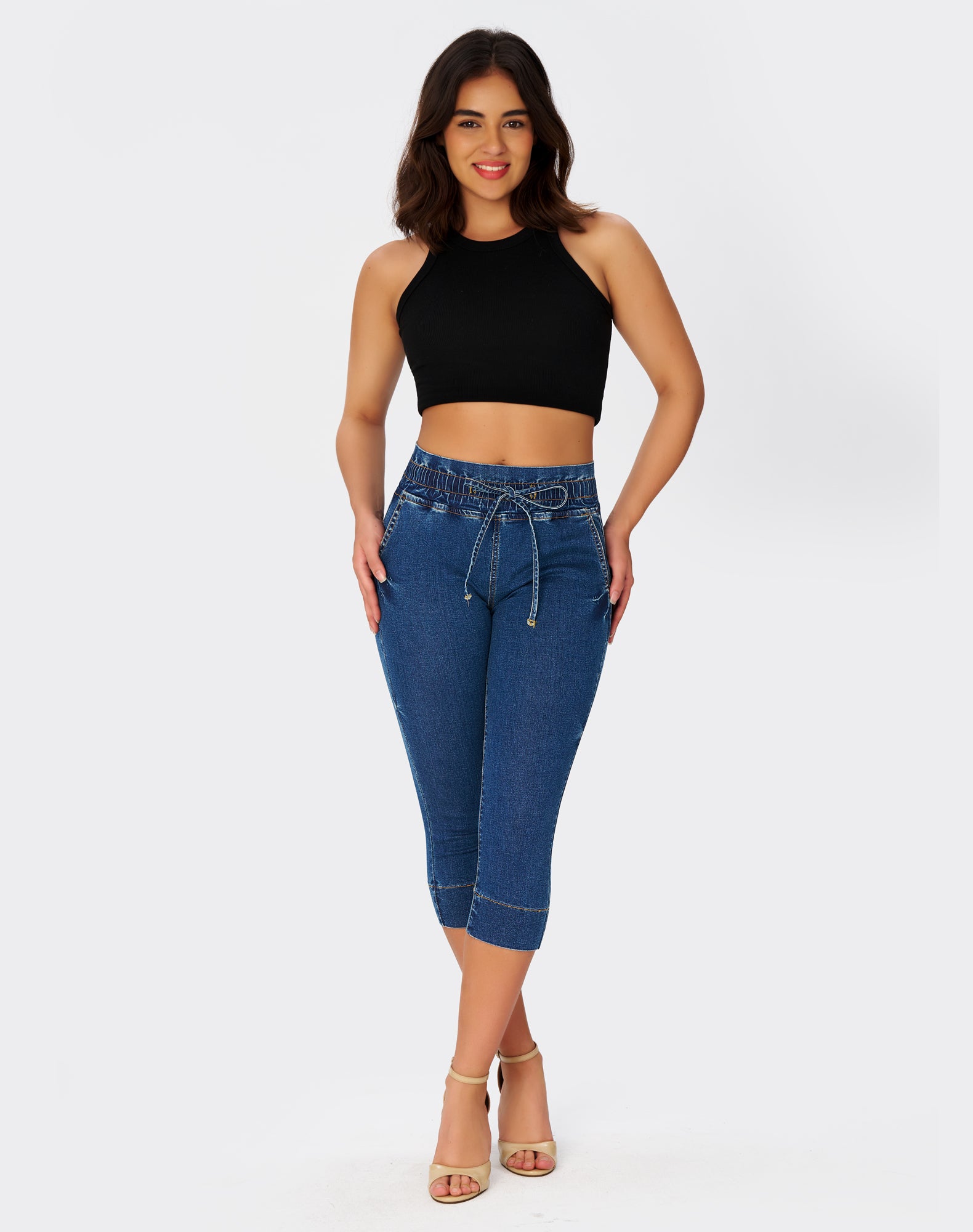 Women’s High Waisted Stretchy Capri Pants Pull on Elastic Waist Drawstring Jeans