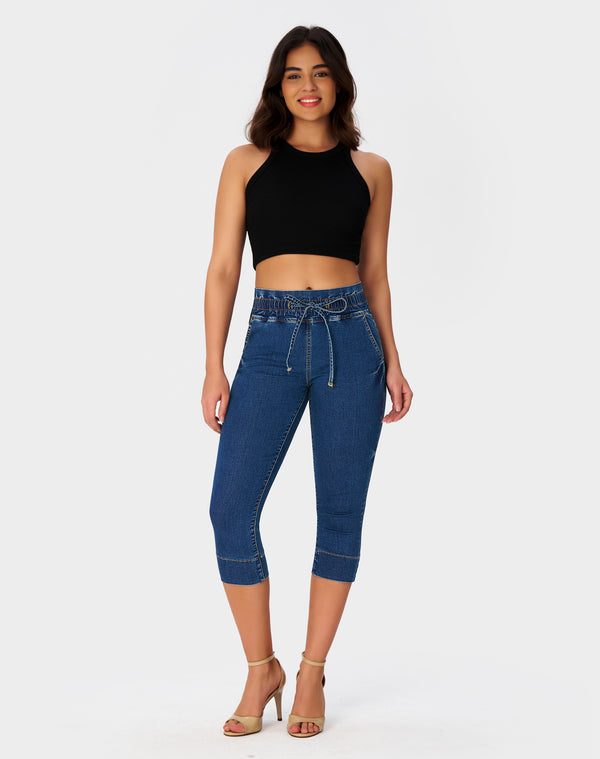 Women’s High Waisted Stretchy Capri Pants Pull on Elastic Waist Drawstring Jeans