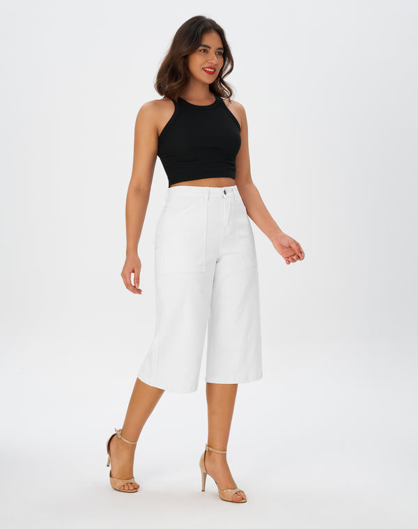 Women’s Wide Leg Capri Pants Stretchy High Waisted Loose Denim Jeans
