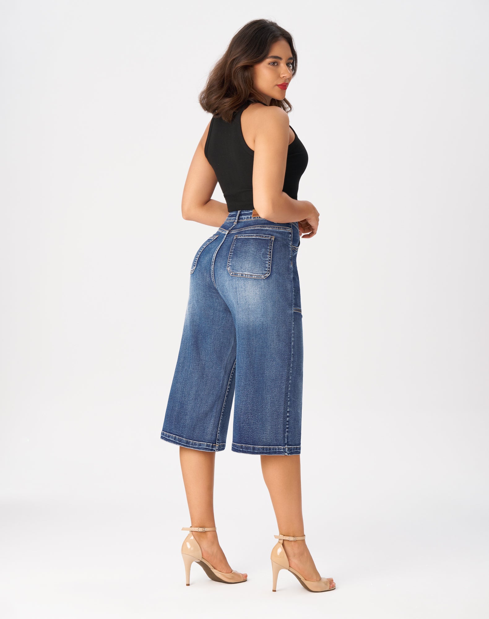 Women’s Wide Leg Capri Pants Stretchy High Waisted Loose Denim Jeans