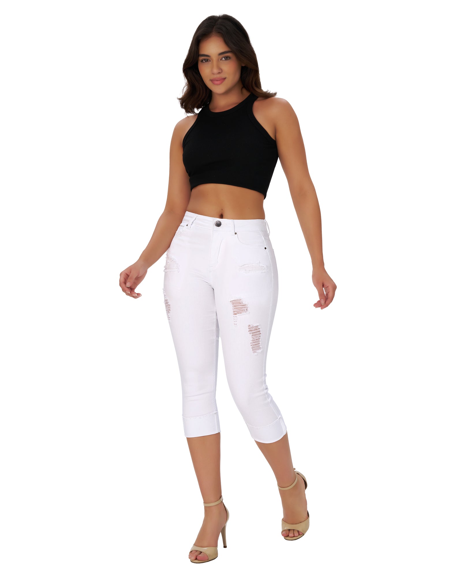 Women’s Capri Pants Ripped Stretchy Mid Rise Cuffed Skinny Denim Jeans