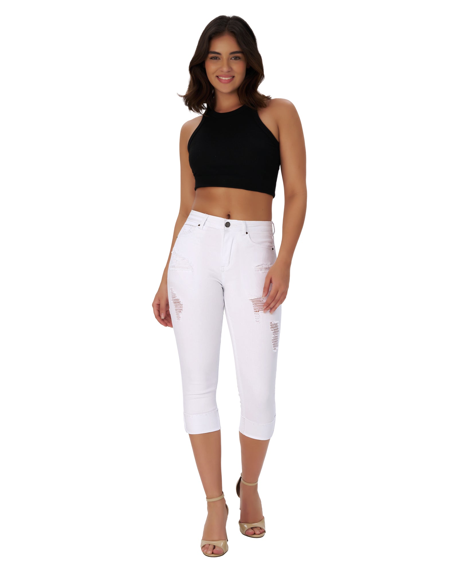 Women’s Capri Pants Ripped Stretchy Mid Rise Cuffed Skinny Denim Jeans
