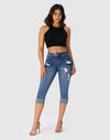 Women’s Capri Pants Ripped Stretchy Mid Rise Cuffed Skinny Denim Jeans