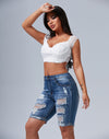 Mid Rise Hollow-out Ripped Bermuda Shorts