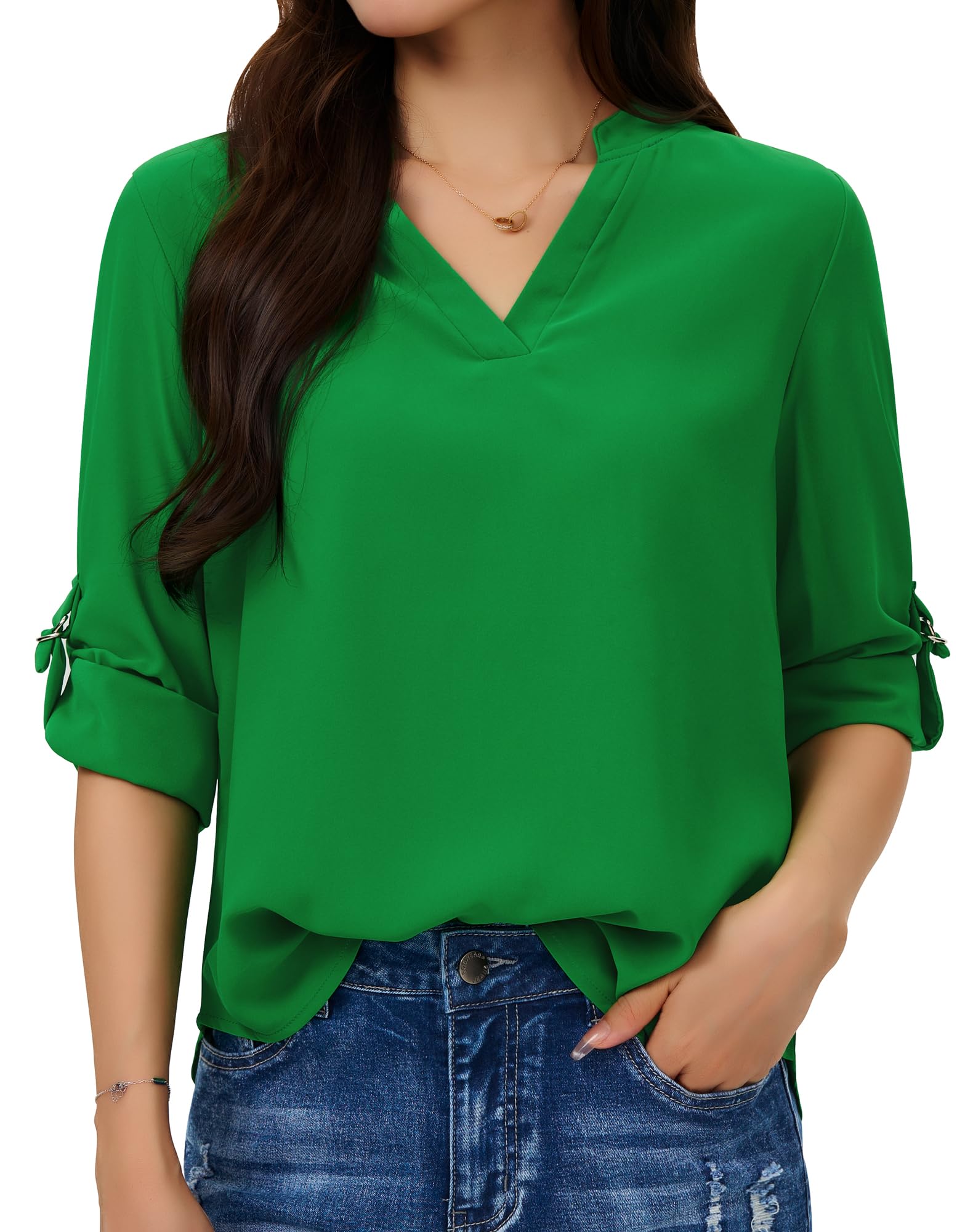 Women's Dressy Casual Chiffon Blouses Long Sleeve Work Shirts 3/4 Length Sleeve V Neck Tops