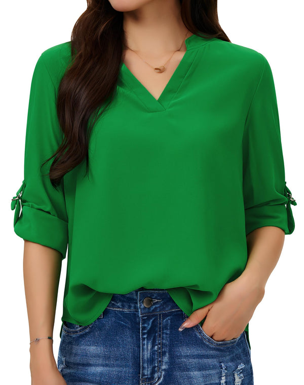 Women's Dressy Casual Chiffon Blouses Long Sleeve Work Shirts 3/4 Length Sleeve V Neck Tops