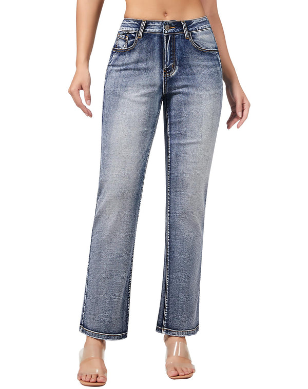Women's Straight Leg Jeans Casual Mid Rise Stretchy Denim Pants Trendy Trouser Jeans