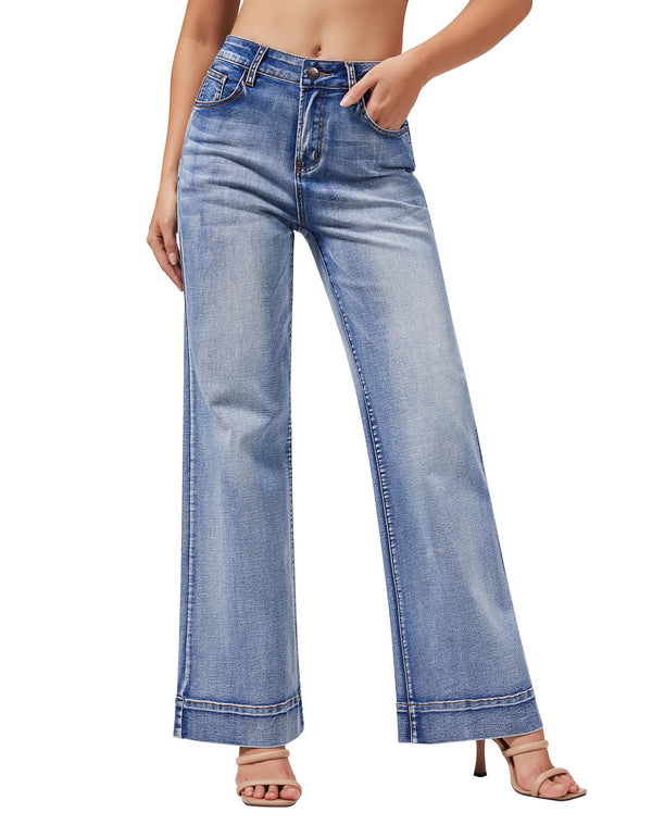 Women's Wide Leg Jeans Casual High Waisted Stretchy Baggy Loose Long Trouser Jeans