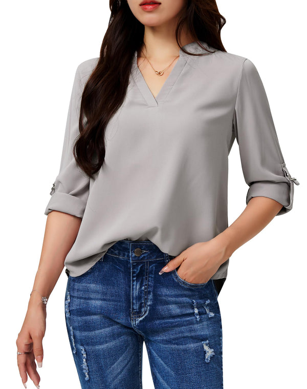 Women's Dressy Casual Chiffon Blouses Long Sleeve Work Shirts 3/4 Length Sleeve V Neck Tops