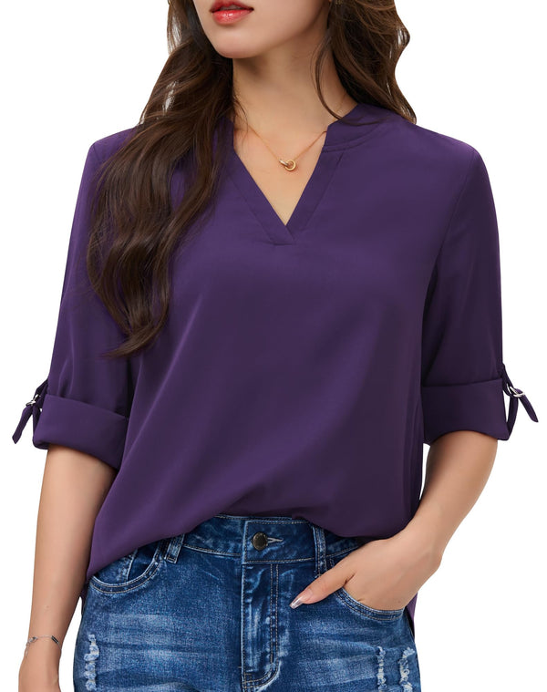 Women's Dressy Casual Chiffon Blouses Long Sleeve Work Shirts 3/4 Length Sleeve V Neck Tops