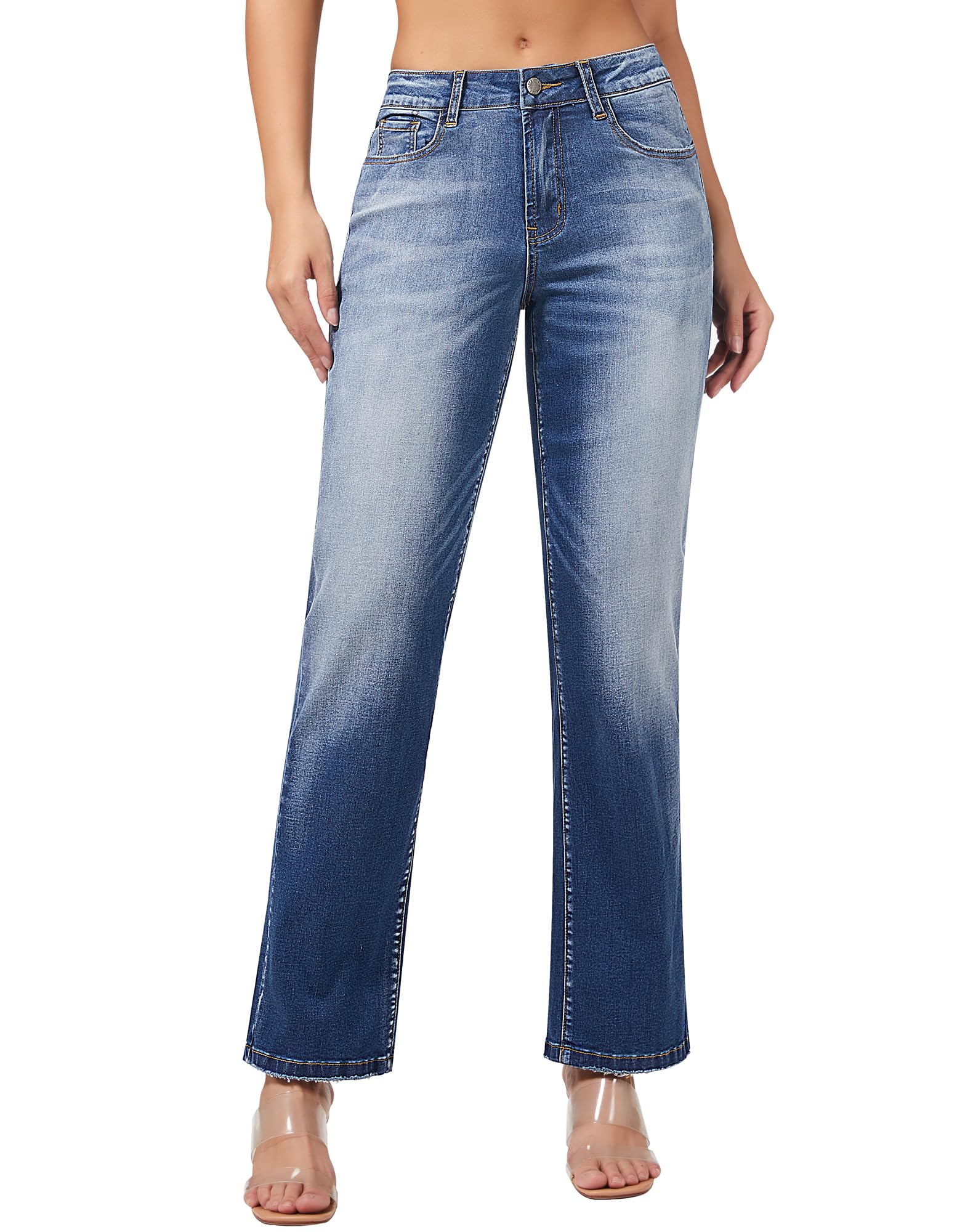 Women's Straight Leg Jeans Casual Mid Rise Stretchy Denim Pants Trendy Trouser Jeans