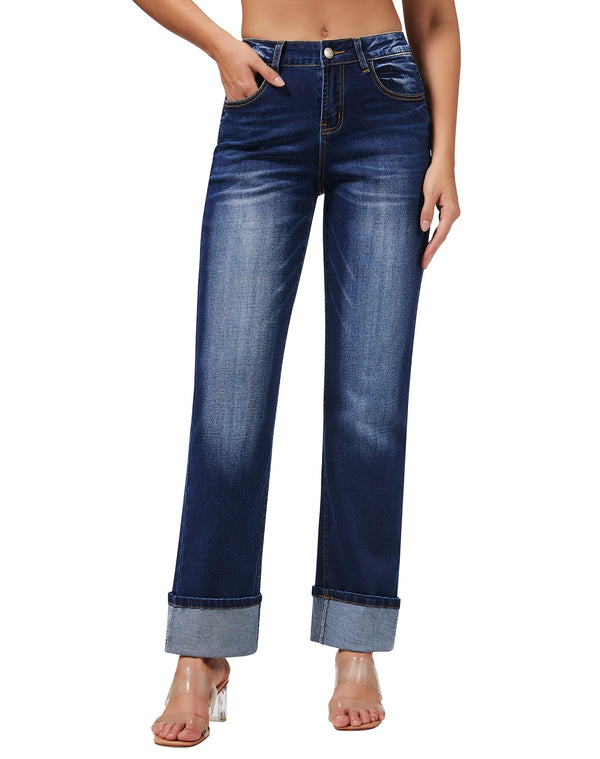 Women’s Straight Leg Jeans High Waisted Boyfriend Stretchy Cuffed Denim Pants