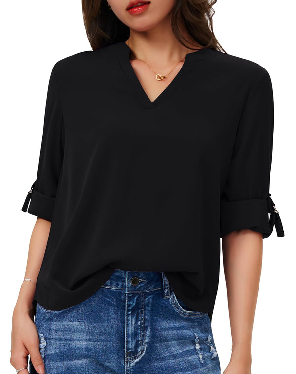 Women's Dressy Casual Chiffon Blouses Long Sleeve Work Shirts 3/4 Length Sleeve V Neck Tops