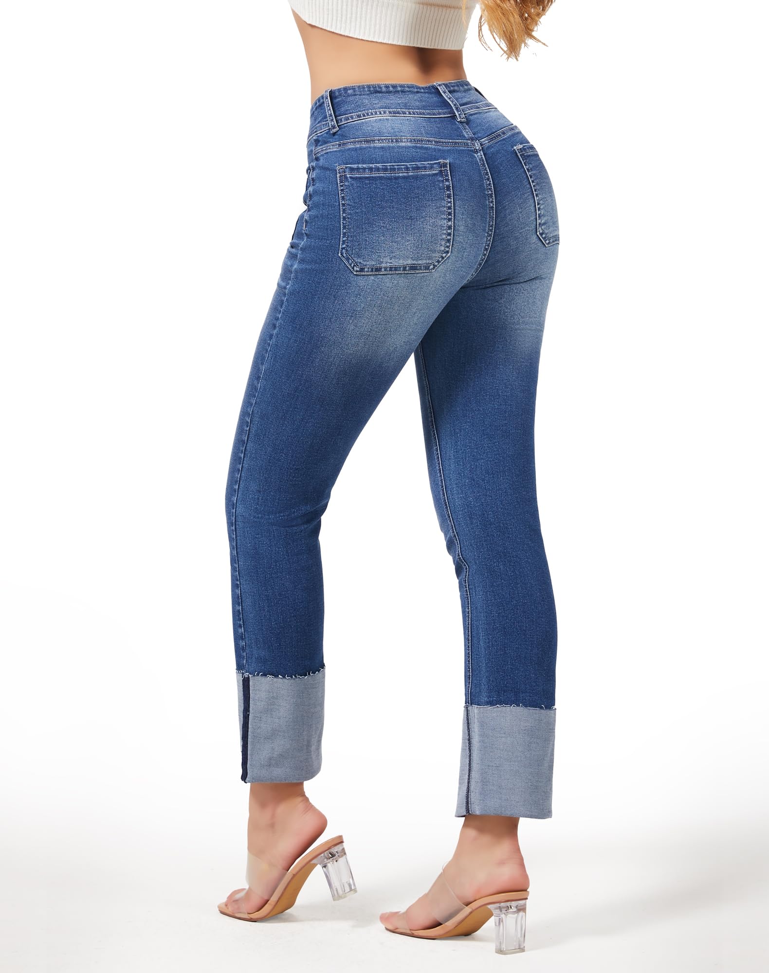 Women's Straight Leg Jeans High Waisted Stretchy Mom Jeans Cuffed Trouser Jeans with Patch Pockets