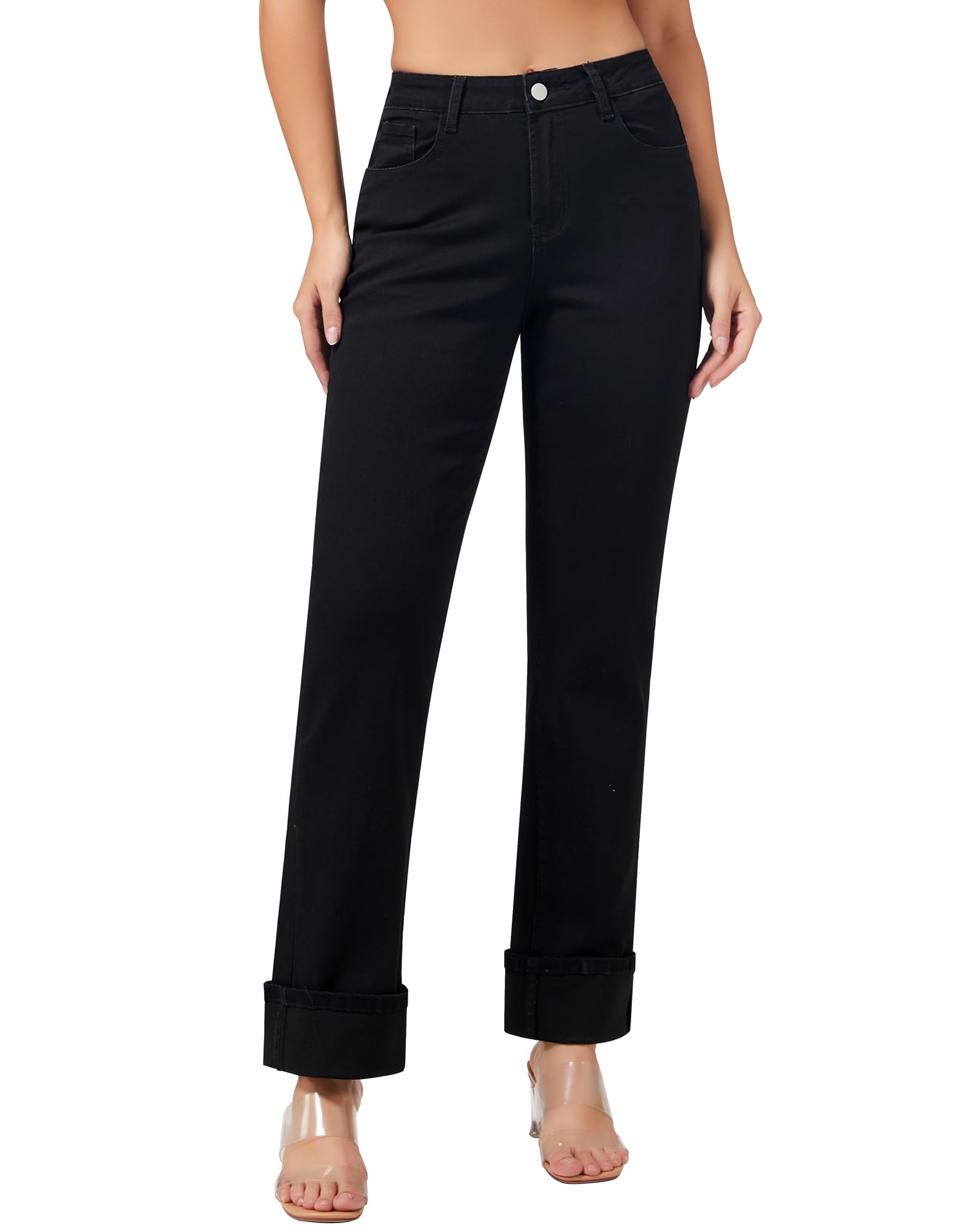 Women’s Straight Leg Jeans High Waisted Boyfriend Stretchy Cuffed Denim Pants