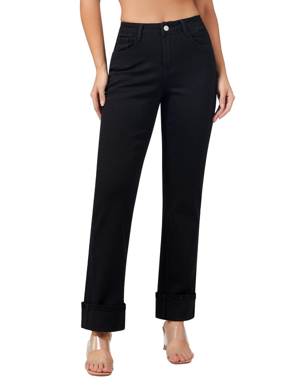Women’s Straight Leg Jeans High Waisted Boyfriend Stretchy Cuffed Denim Pants