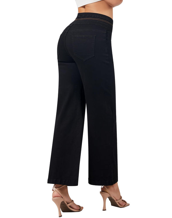Women's Wide Leg Cropped Jeans High Waisted Ankle Trouser Jeans Boyfriend Stretchy Front Seam Denim Pants