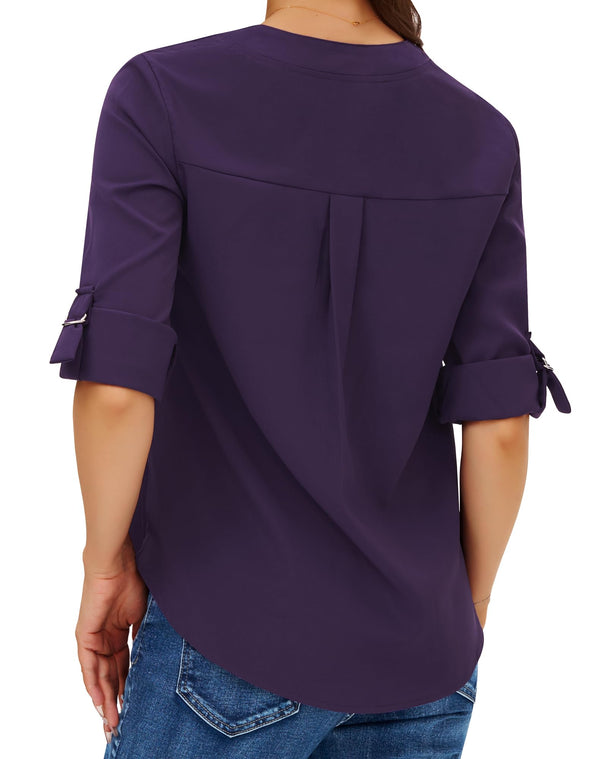 Women's Dressy Casual Chiffon Blouses Long Sleeve Work Shirts 3/4 Length Sleeve V Neck Tops