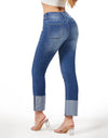 Women's Straight Leg Jeans High Waisted Stretchy Mom Jeans Cuffed Trouser Jeans with Patch Pockets