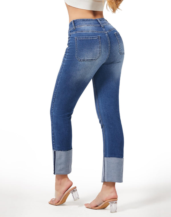 Women's Straight Leg Jeans High Waisted Stretchy Mom Jeans Cuffed Trouser Jeans with Patch Pockets