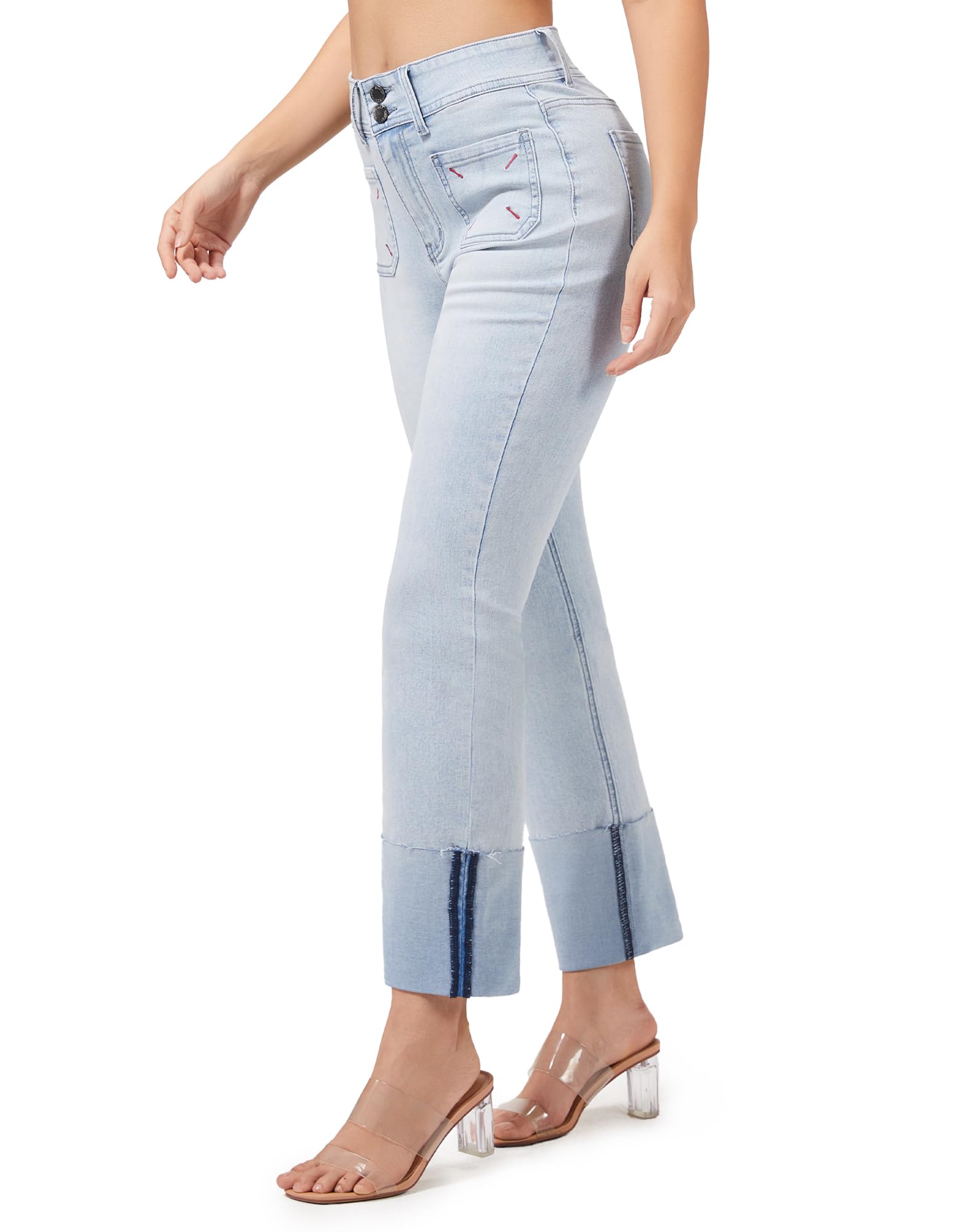 Women's Straight Leg Jeans High Waisted Stretchy Mom Jeans Cuffed Trouser Jeans with Patch Pockets