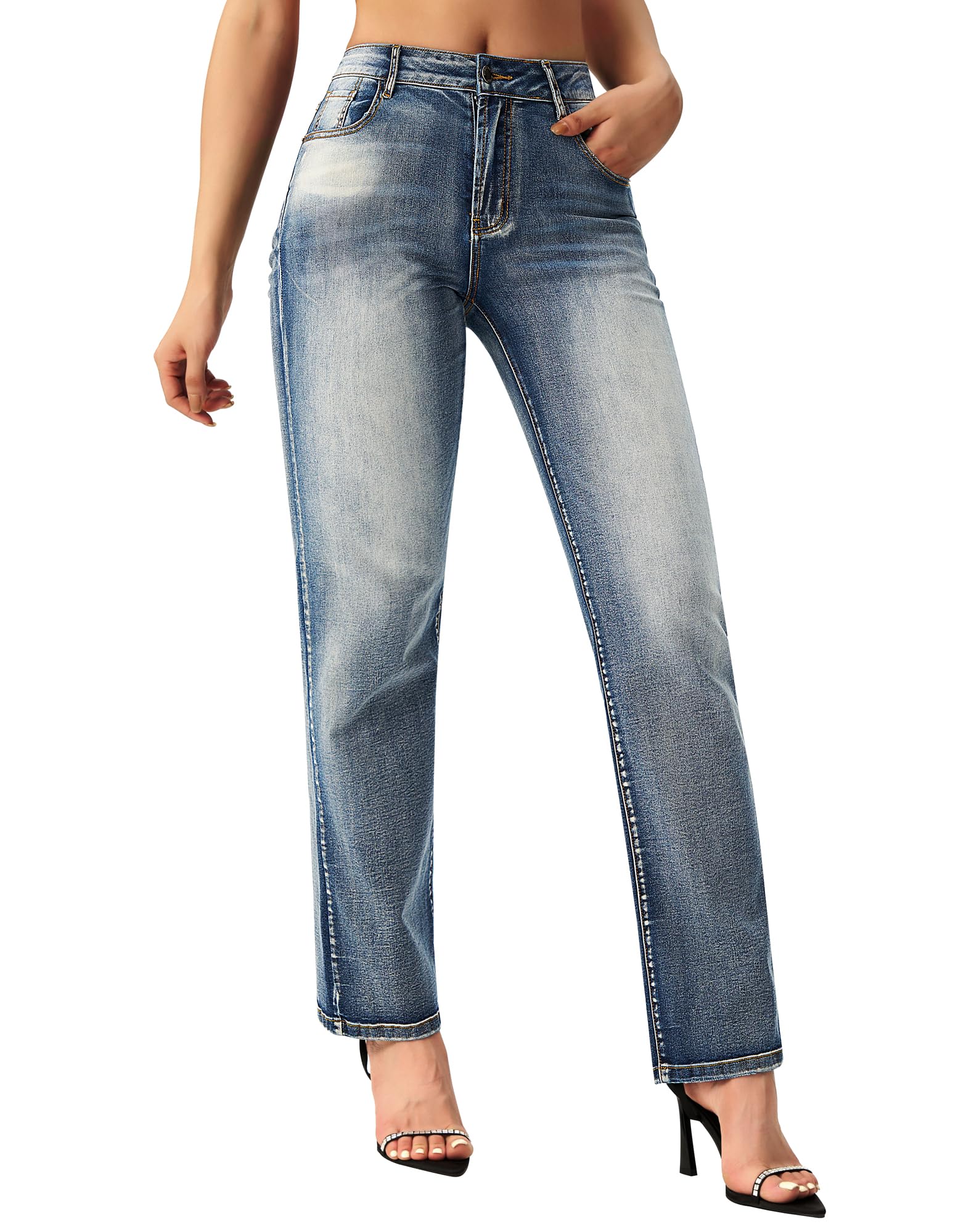 Women's Straight Leg Jeans Casual Mid Rise Stretchy Denim Pants Trendy Trouser Jeans
