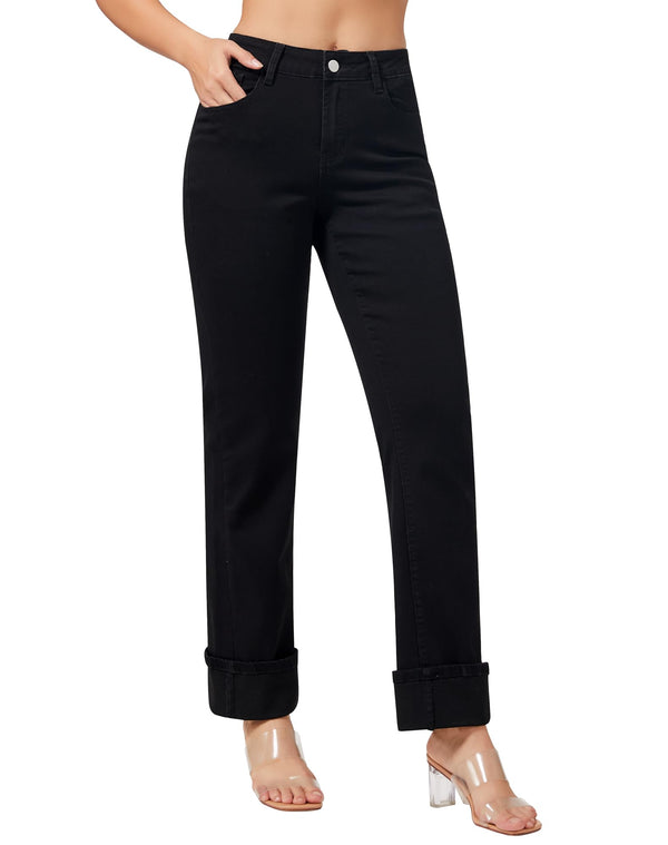 Women’s Straight Leg Jeans High Waisted Boyfriend Stretchy Cuffed Denim Pants