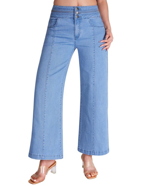 Women's Wide Leg Cropped Jeans High Waisted Ankle Trouser Jeans Boyfriend Stretchy Front Seam Denim Pants